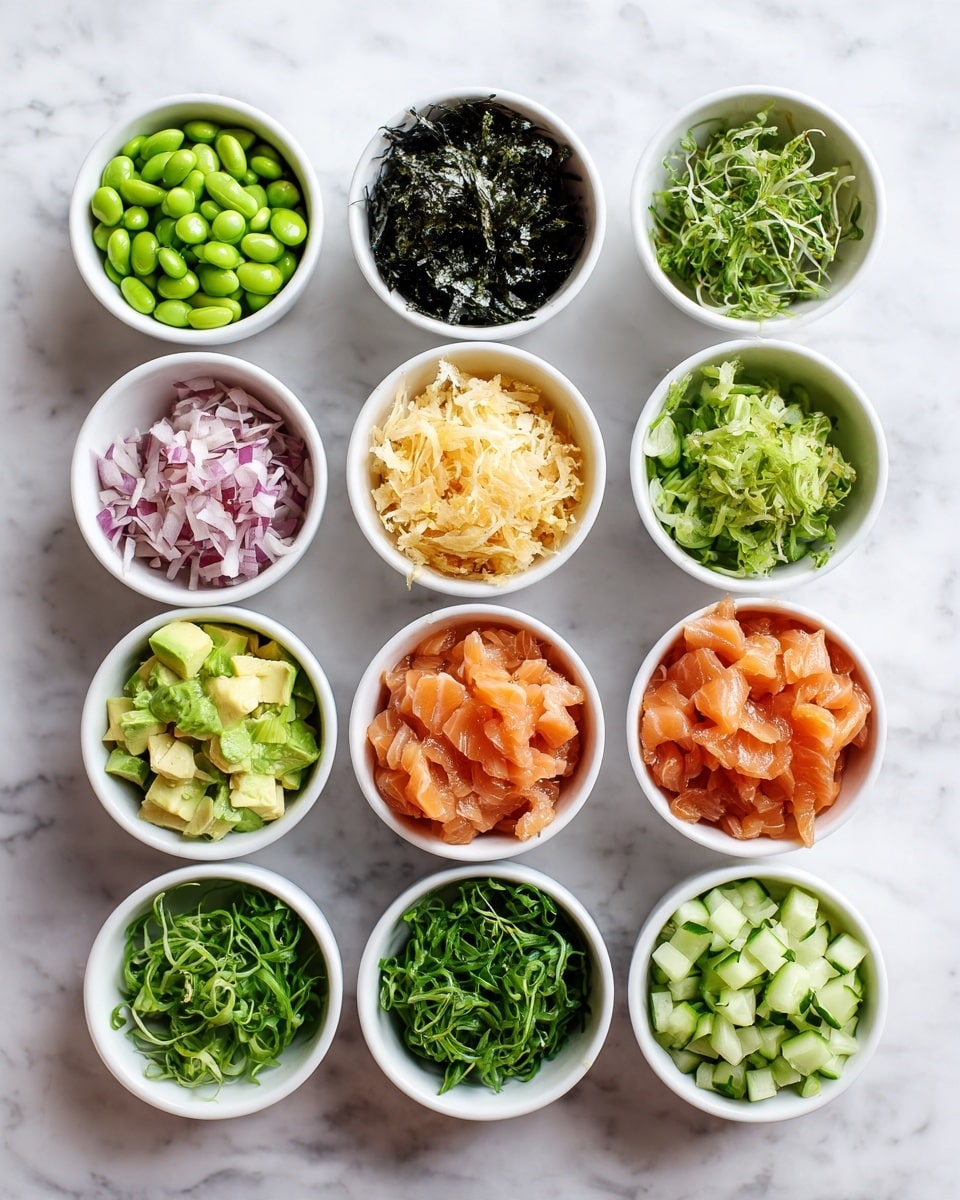 Nine small white bowls are arranged in a neat 3x3 grid on a white marbled surface. The top row contains bright green edamame beans, dark green seaweed flakes, and thin pink pickled onions. The middle row features pale yellow crunchy tempura flakes, orange chunks of raw salmon, and light beige bean sprouts. The bottom row holds diced green avocado, fresh green microgreens, and small chopped cucumber pieces with green skin and pale inside. The textures vary from smooth and soft to crisp and crunchy. photo taken with an iphone --ar 4:5 --v 7