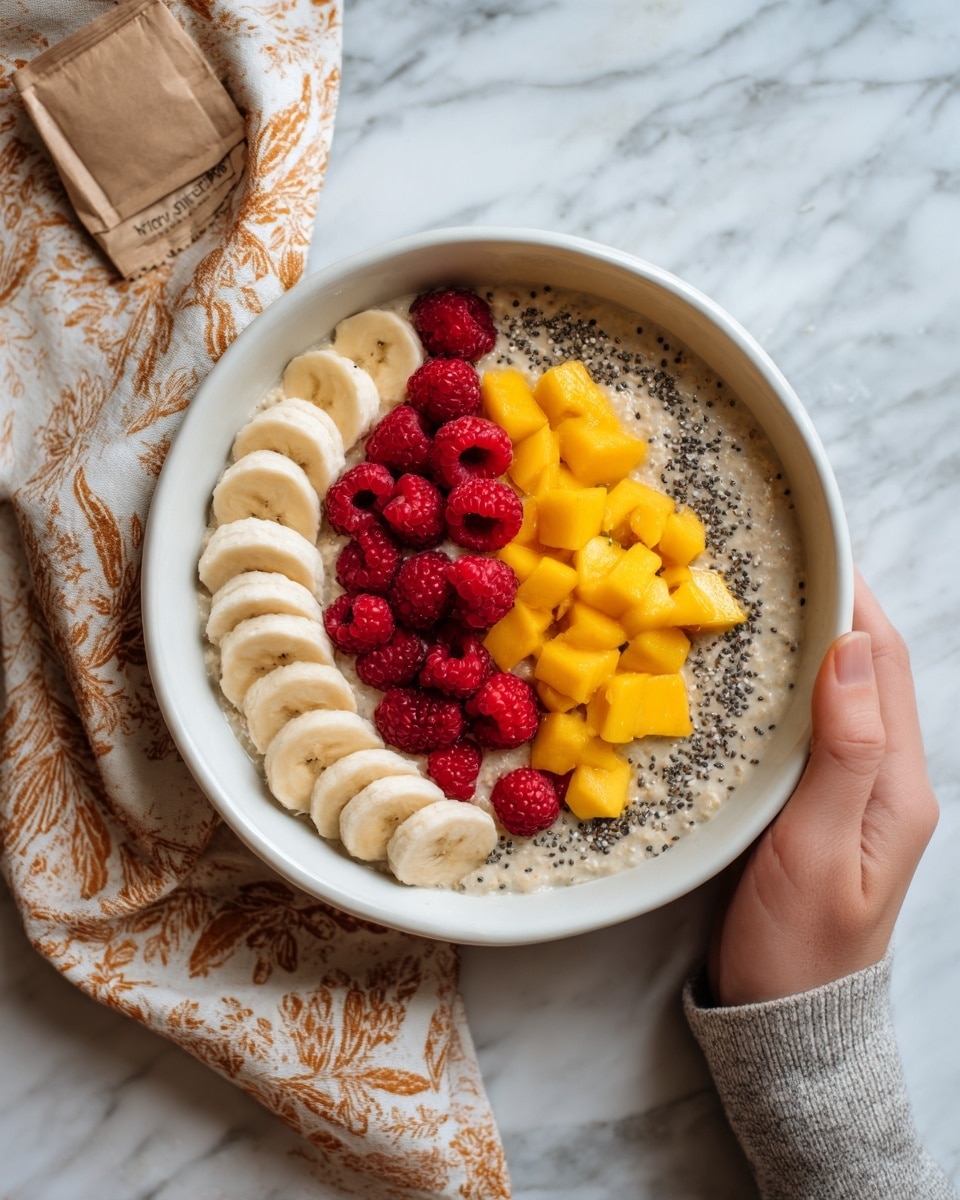 The image shows a white bowl filled with a mixed textured dish placed on a white marbled surface. The bottom layer looks like a creamy oatmeal base with a light beige color. On top, there are three distinct sections: one with sliced banana arranged in a neat row along the curved edge, another with fresh raspberries piled in the center, and a third with small diced bright yellow mango pieces close to the edge. The entire bowl is sprinkled with chia seeds on top, adding a speckled black and white texture. A woman's hand is holding a beige and orange patterned napkin next to the bowl. A small cardboard packet is placed near the bowl, adding a rustic touch to the setting. Photo taken with an iphone --ar 4:5 --v 7