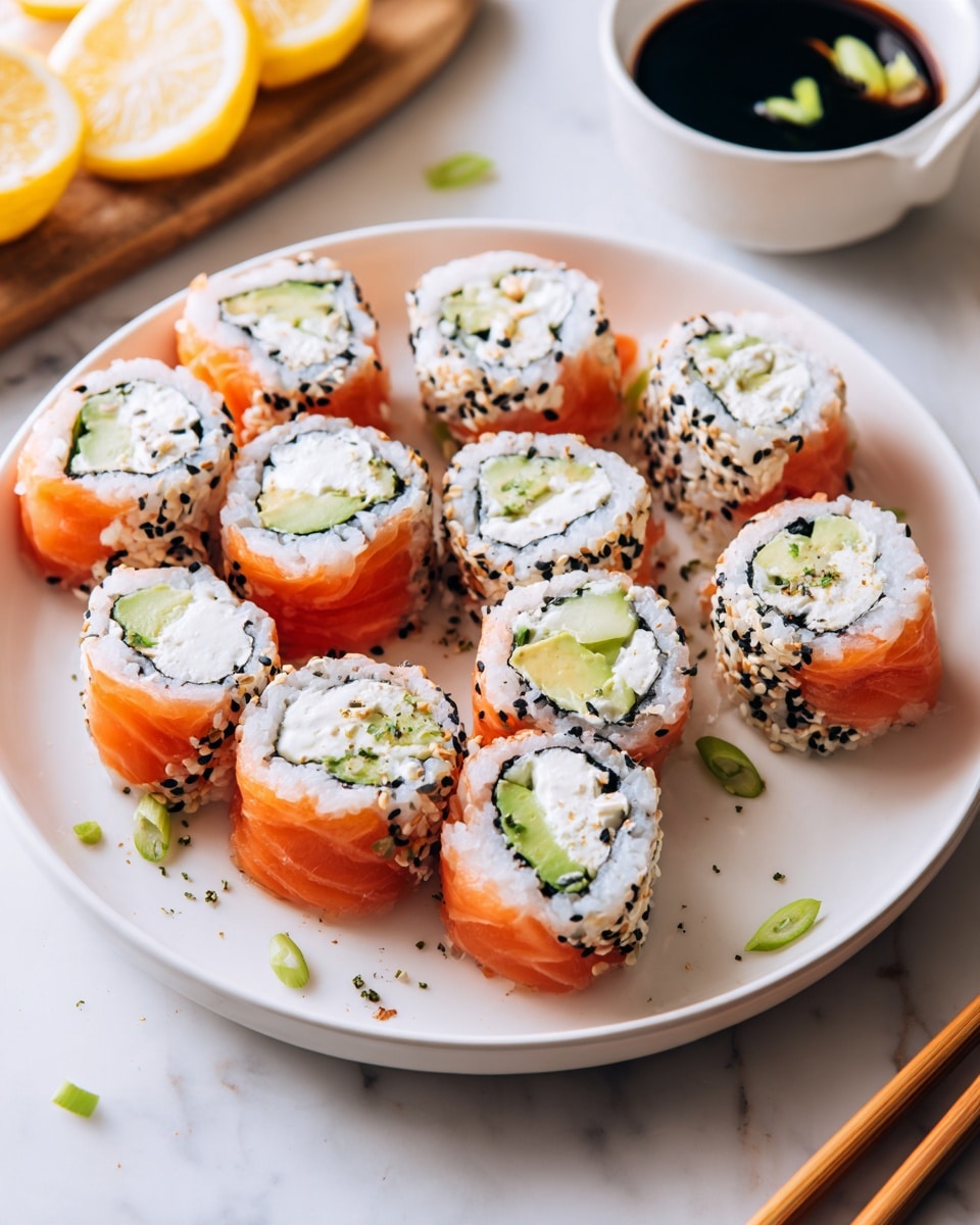 There are round sushi rolls arranged on a white plate on a white marbled surface. Each roll has three layers: the outer layer is bright orange salmon with black and white sesame seeds sprinkled on top, the middle layer is white cream cheese with a smooth texture, and the inner layer includes pale green avocado slices and cucumber pieces that have a crisp texture. There are some green herbs and small bits of seasoning scattered around the plate. A small white bowl with dark soy sauce and sliced green onions is placed partly on the plate, and in the background, there are lemon wedges on a wooden board. chopsticks lie to the side on the white marbled surface. photo taken with an iphone --ar 4:5 --v 7