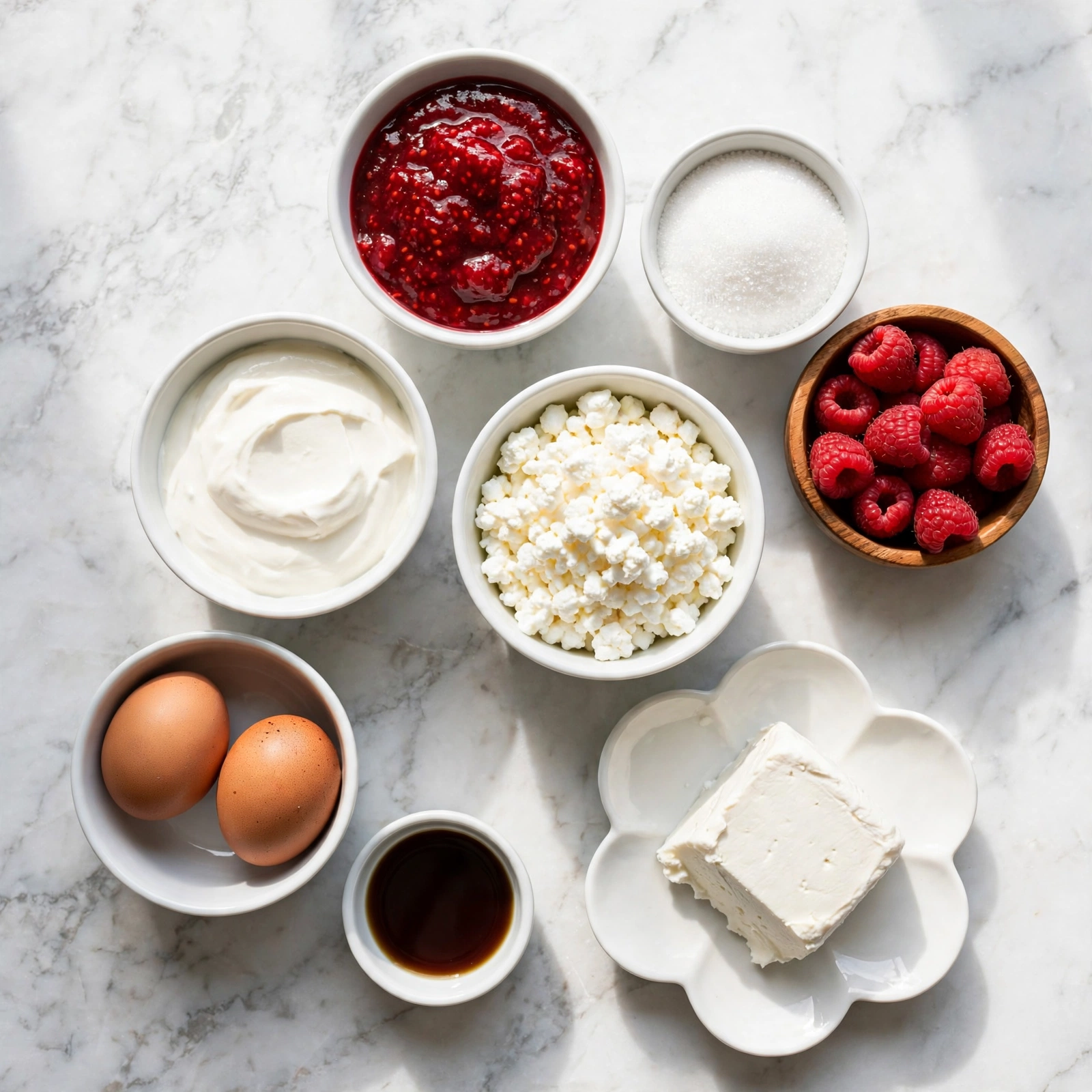 square image The image shows different ingredients in white bowls and plates on a white marbled surface. There are two white bowls filled with white creamy textures positioned near the center, one with a thicker cream and the other with cottage cheese. Near the top center is a small white bowl with red raspberry sauce that looks textured and thick. To its right, a small white bowl is filled with clear white sugar grains, and beside it is a small wooden bowl with fresh red raspberries. At the bottom left, a white bowl holds two brown eggs with smooth shells. Below the eggs is a tiny white bowl with a dark brown liquid, likely vanilla extract. To the right at the bottom, a white flower-shaped plate holds a block of soft white cheese with creamy texture on one corner. The items are neatly arranged with space between them. photo taken with an iphone --ar 4:5 --v 7