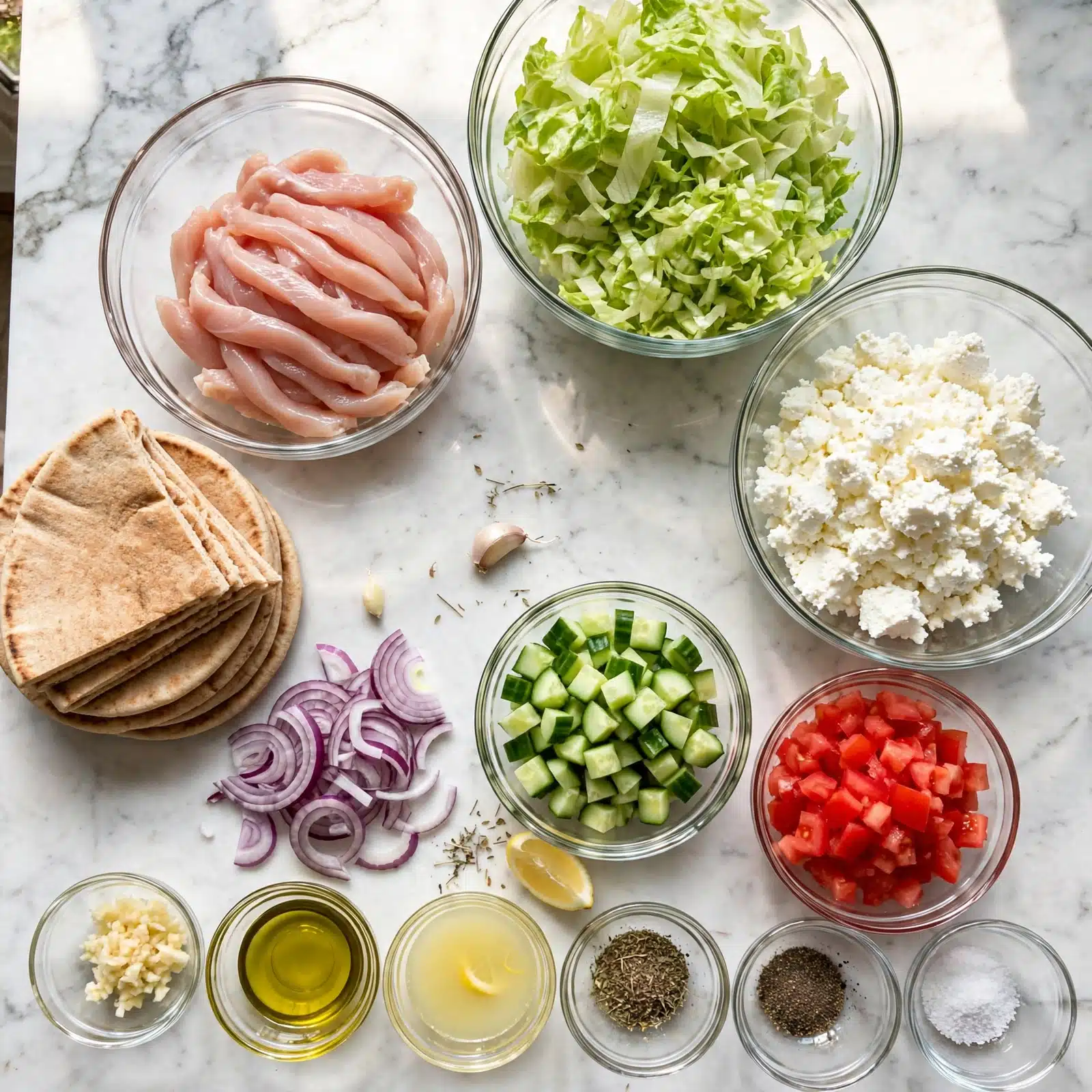 square image The image shows ingredients for a meal laid out on a white marbled surface. There are clear glass bowls of different sizes holding several layers of ingredients: pale pink raw chicken strips in one bowl, bright white soft cheese in a larger bowl, chopped light green lettuce in another big bowl, and diced cucumber and tomato in smaller bowls. There are thin slices of purple onion, light brown pita breads stacked next to the bowls, and small clear bowls with spices, minced garlic, olive oil, lemon juice, dried herbs, black pepper, and salt. Everything is neat and ready for cooking. Photo taken with an iphone --ar 4:5 --v 7