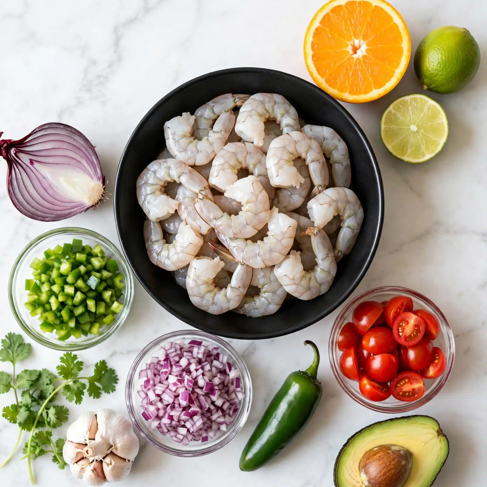 Peruvian Shrimp Ceviche Recipe 4 square image A black bowl filled with raw shrimp sits in the center, each shrimp pale with light pinkish-gray shells and curled shapes, layered closely together. Around the bowl are several colorful fresh ingredients arranged on a white marbled surface: a halved orange with bright orange flesh at the top right, a halved lime with light green inside to the right of the orange, and a whole lime above it. To the left, a halved red onion with purple layers is visible, alongside a small clear glass bowl with finely chopped green peppers. Below the shrimp bowl, there is a small glass bowl filled with finely chopped purple-red onions, a green jalapeño pepper lying diagonally, and a glass bowl filled with bright red cherry tomatoes chopped in halves. A halved avocado with green flesh and a brown pit is on the right side near the bottom, and there is a whole garlic bulb and some cilantro with leafy green stems near the left bottom corner. Photo taken with an iphone --ar 4:5 --v 7