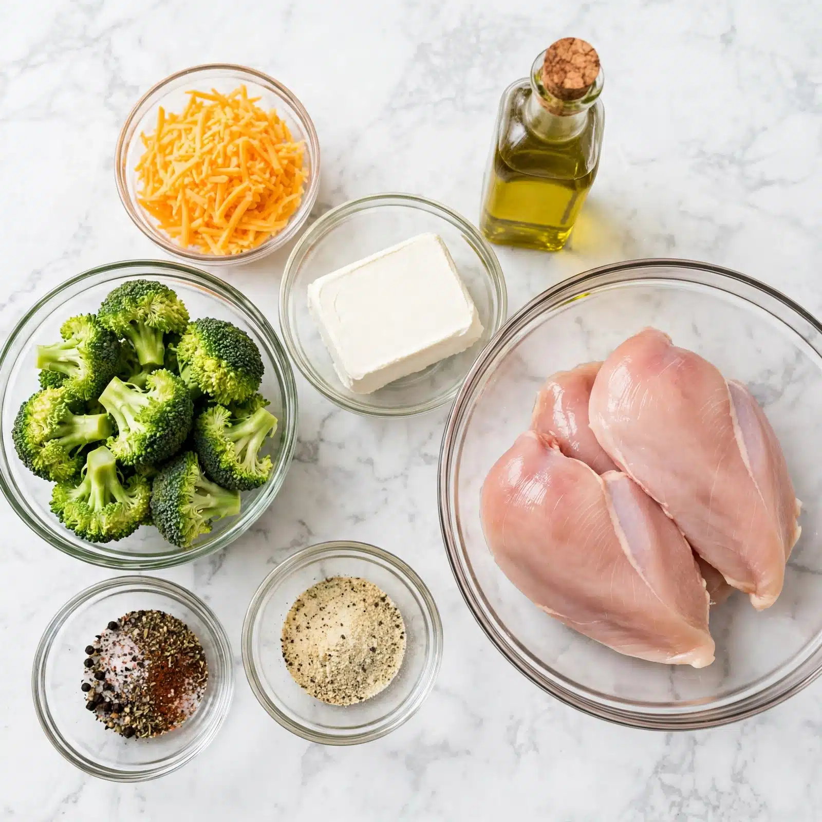 Broccoli Cheddar Stuffed Chicken Recipe 4 square image The image shows a white marbled surface with clear glass bowls holding different ingredients neatly arranged. The largest bowl on the right side contains three raw pale pink chicken pieces, smooth and slightly shiny. Next to it is a smaller clear bowl with a block of white cream cheese. Above the cream cheese bowl is a bottle of olive oil with a clear glass body and golden oil inside. On the left side, a medium clear bowl is filled with bright green broccoli florets, fresh and textured with tight buds. Below it, two small clear bowls hold spices: one with a mix of black pepper, salt, paprika, and dried herbs, the other with garlic powder, onion powder, salt, and pepper in light beige and dark tones. Above these is another small clear bowl filled with shredded orange cheddar cheese, finely textured. The whole scene is bright and clean, showing well-organized raw ingredients for a recipe photo taken with an iphone --ar 4:5 --v 7