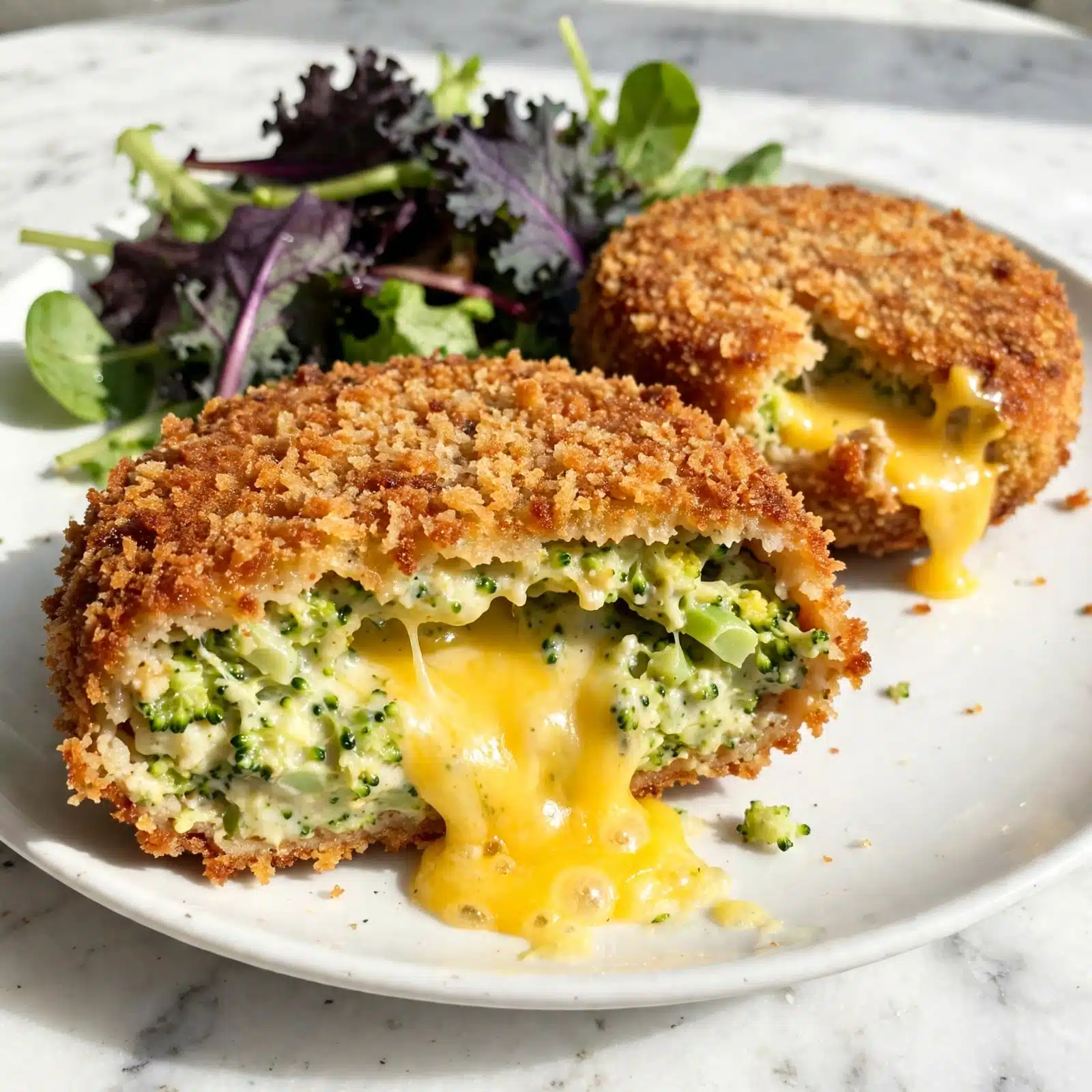 Broccoli Cheddar Stuffed Chicken Recipe 5 square image The image shows two breaded patties on a white plate with a white marbled surface. The front patty is cut open to reveal three layers: a golden brown crunchy outer crust, a creamy green layer of broccoli mixed with cheese, and a bright yellow melted cheese center oozing out. The second smaller patty in the background also has a bit of the yellow cheese melting from inside. Behind the patties, there is a small side of fresh mixed greens with dark purple and green leaves. The scene is bright and focused on the textures and colors of the patties and the fresh salad. Photo taken with an iphone --ar 4:5 --v 7