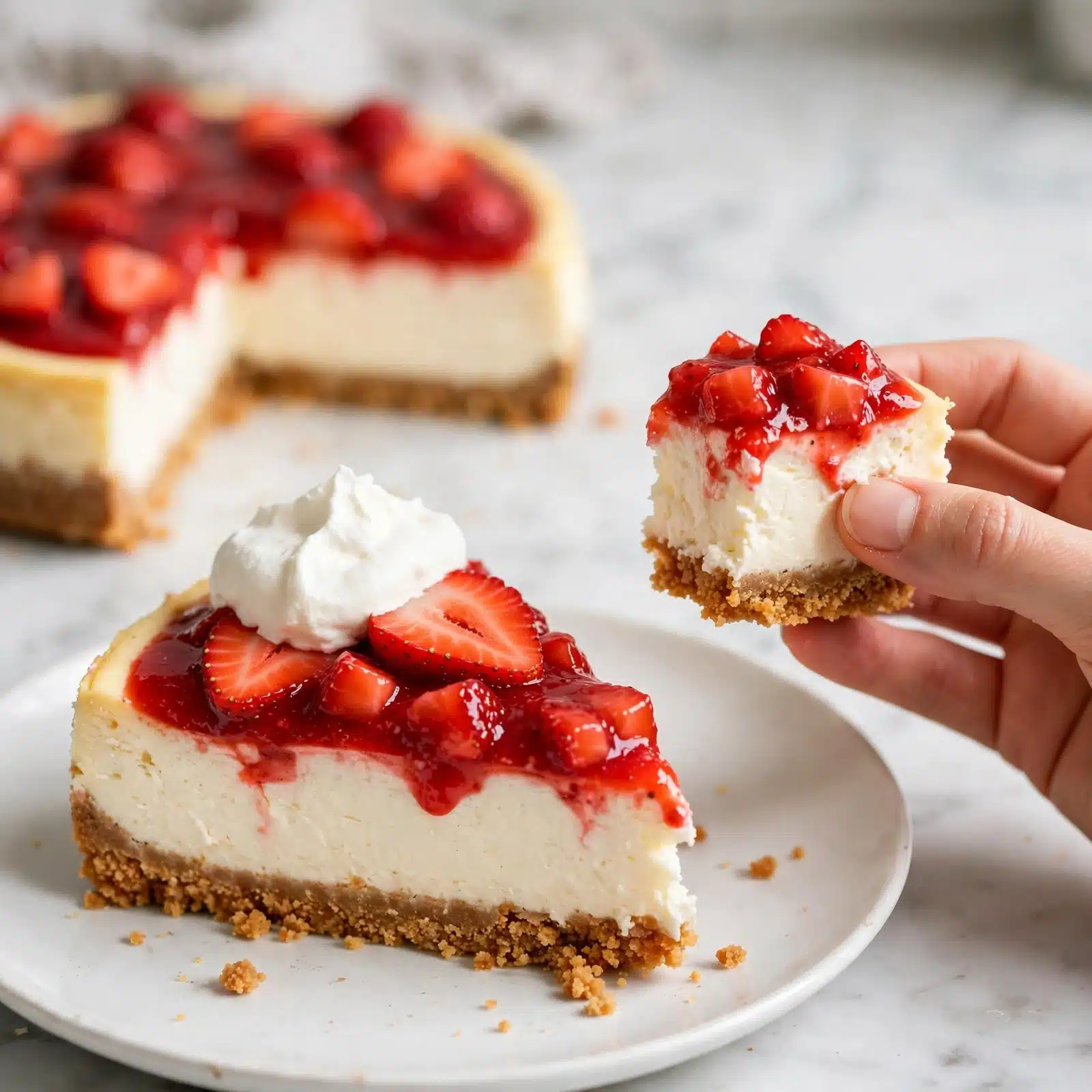 square image A slice of cheesecake sits on a white plate with a crumbly golden brown base layer at the bottom. Above the base is a thick creamy white middle layer that looks smooth and dense. On top, there is a bright red strawberry sauce layer with visible chunks of strawberries, some of which are sliced and placed fresh on top. A dollop of white cream rests on the strawberry layer. In the background, the rest of the cheesecake with the same three layers is slightly out of focus, placed on a white marbled surface. A woman's hand holds a small piece of cheesecake with red sauce, showing a close view of the texture. photo taken with an iphone --ar 4:5 --v 7