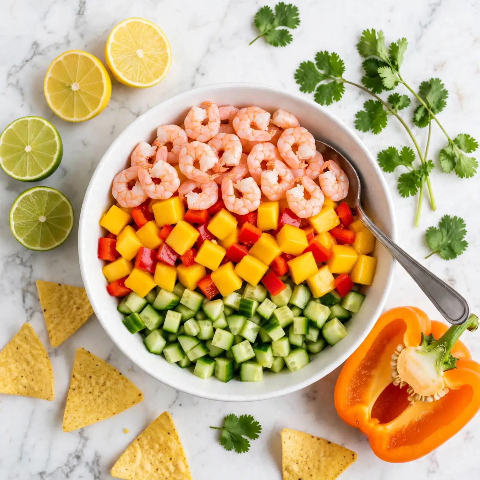 Peruvian Shrimp Ceviche Recipe 5 square image A white bowl filled with a colorful shrimp salad, showing three main layers. The bottom layer has small, diced green cucumber pieces with a fresh texture. Above it, there are bright yellow mango cubes mixed with chopped red bell peppers, offering a juicy and soft look. On top, small pink shrimp sit scattered evenly, adding a slight shine and smooth texture. The bowl is on a white marbled surface, surrounded by halved yellow and green limes, an orange pepper, cilantro leaves, crispy light yellow tortilla chips, and a silver spoon resting inside the bowl. photo taken with an iphone --ar 4:5 --v 7