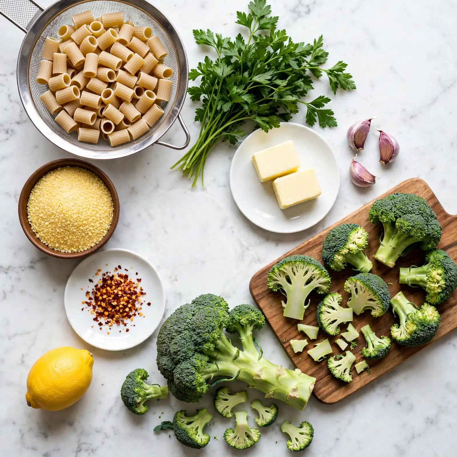 square image The image shows fresh cooking ingredients arranged on a white marbled surface. At the top left, there is a silver mesh strainer holding uncooked short tubular pasta, beige in color. Below it is a small round brown bowl filled with coarse light yellow grains. To the right of the pasta, there is a bunch of green leafy parsley. Near the center right, a small white round plate holds two small blocks of pale yellow butter. Beside it, three garlic cloves with purple skin sit on the marble. A wooden cutting board holds several large and small green broccoli florets, some cut to show the inner texture. At the bottom center, a large broccoli stalk lies with smaller green broccoli pieces around it. At the bottom left corner, a bright yellow lemon rests on the marble. Near the garlic cloves, a small white round plate holds red chili flakes. The image is bright and clear, with natural light. Photo taken with an iphone --ar 4:5 --v 7