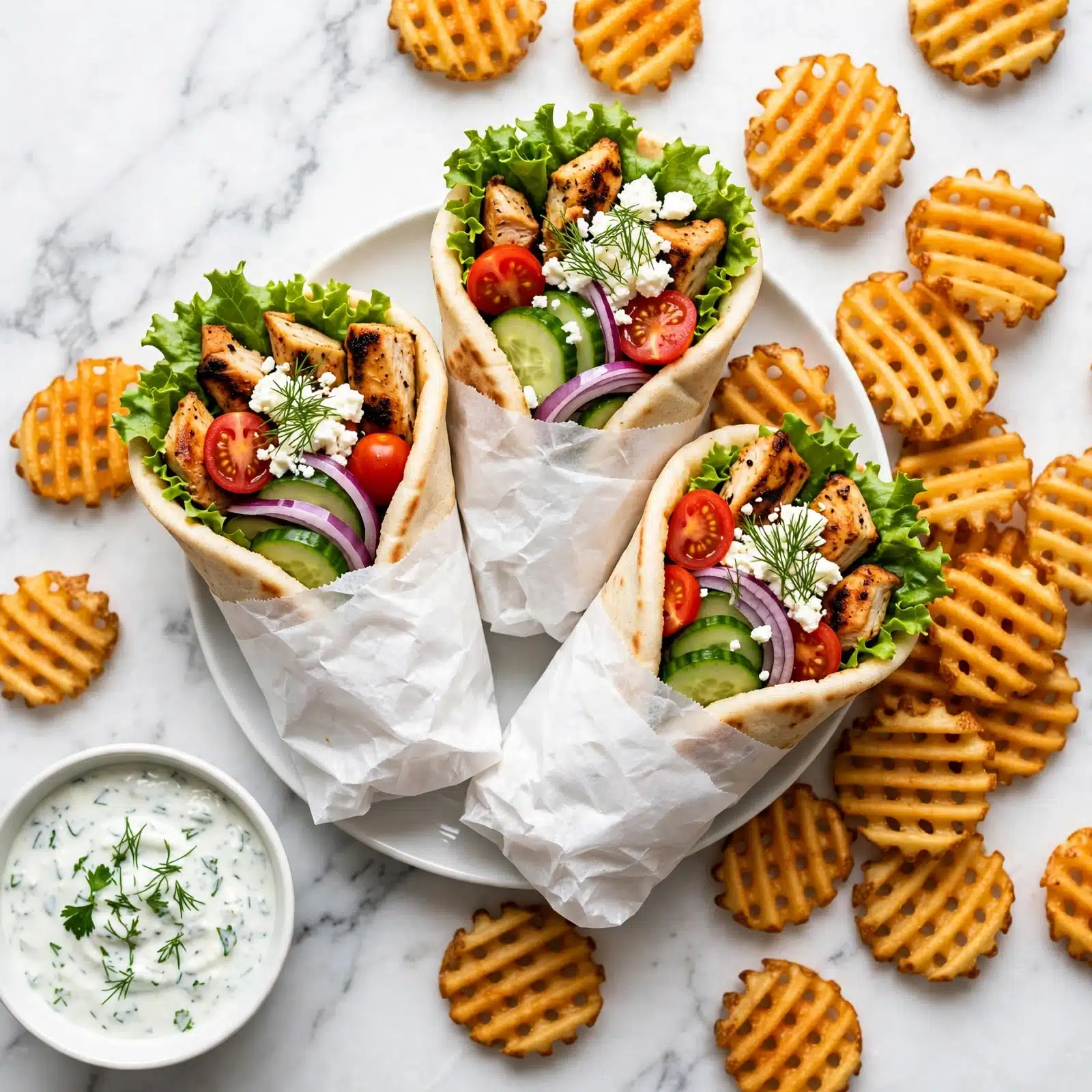square image Three pita wraps on a white plate with white paper partly wrapped around each one. Each wrap shows layers inside starting with green leafy lettuce, grilled golden brown chicken pieces, bright red cherry tomato halves, cucumber slices, thin purple onion slices, crumbled white feta cheese, and some green dill on top. Surrounding the wraps are many golden brown waffle fries with a crunchy texture. A small white bowl of creamy white sauce with green herbs sits near the bottom left. All is placed on a white marbled surface. Photo taken with an iphone --ar 4:5 --v 7