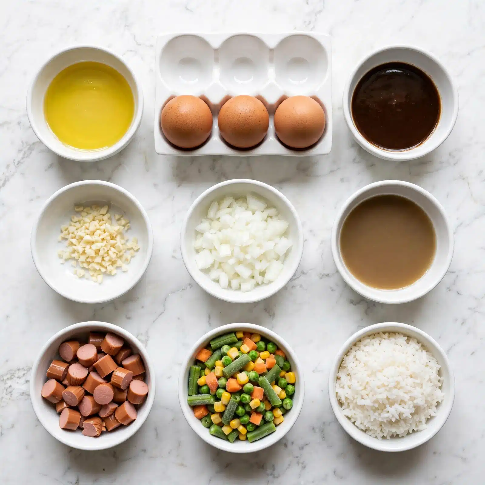 square image A group of eight white bowls and a white egg tray are arranged on a white marbled surface. The egg tray holds three brown eggs. Surrounding it are small white bowls filled with various ingredients: chopped hot dogs in chunks on the lower left, chopped white onions in the center, mixed frozen vegetables including green beans, peas, corn, and carrots near the bottom right, and cooked white rice in the lower right bowl. Smaller white bowls hold a yellow liquid resembling oil, a dark brown sauce, chopped garlic, and a light brown liquid. All bowls have smooth textures and are evenly spaced. Photo taken with an iphone --ar 4:5 --v 7